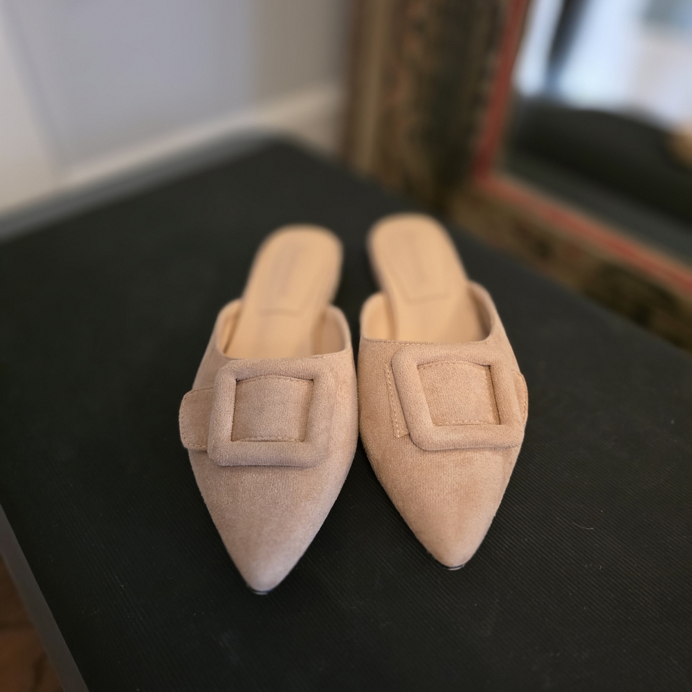 Beige Suede Mules with Buckle Detail